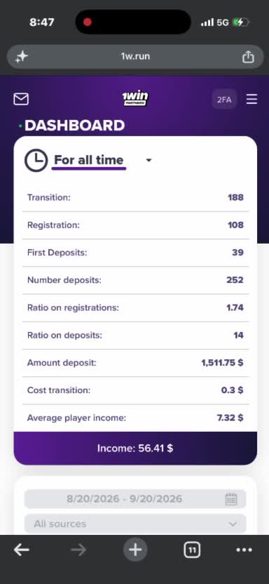 Earlier 1win dashboard capture showing 39 first deposits