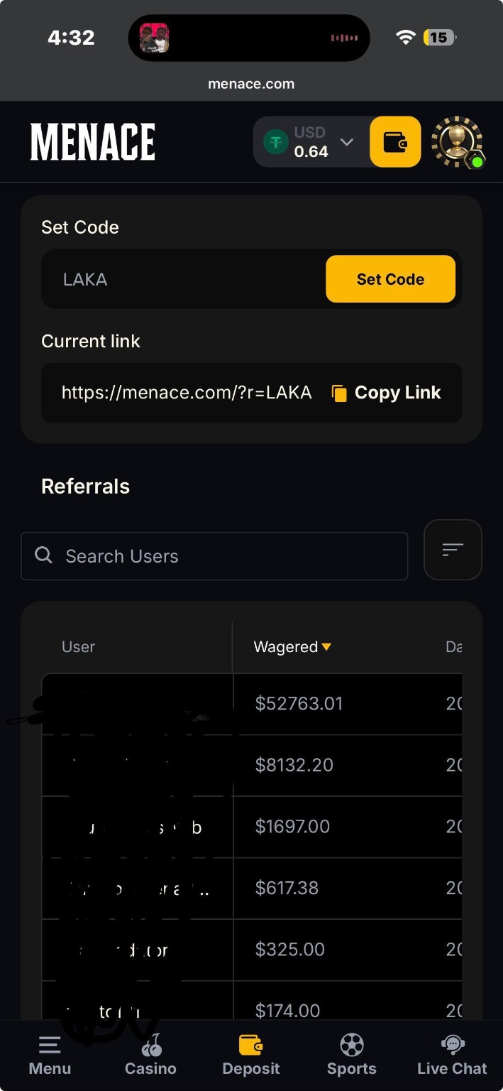 Menace referral list sorted by wagered amount, with visible entries of $52,763.01 and $8,132.20